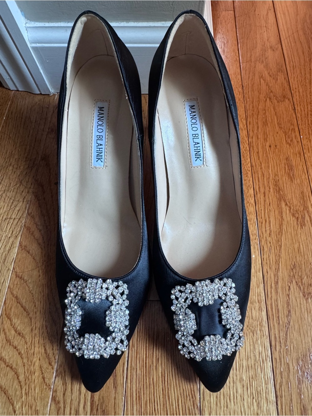 Manolo Blahnik Black Satin Pointed Toe Pumps with Crystal Buckle Embellishment